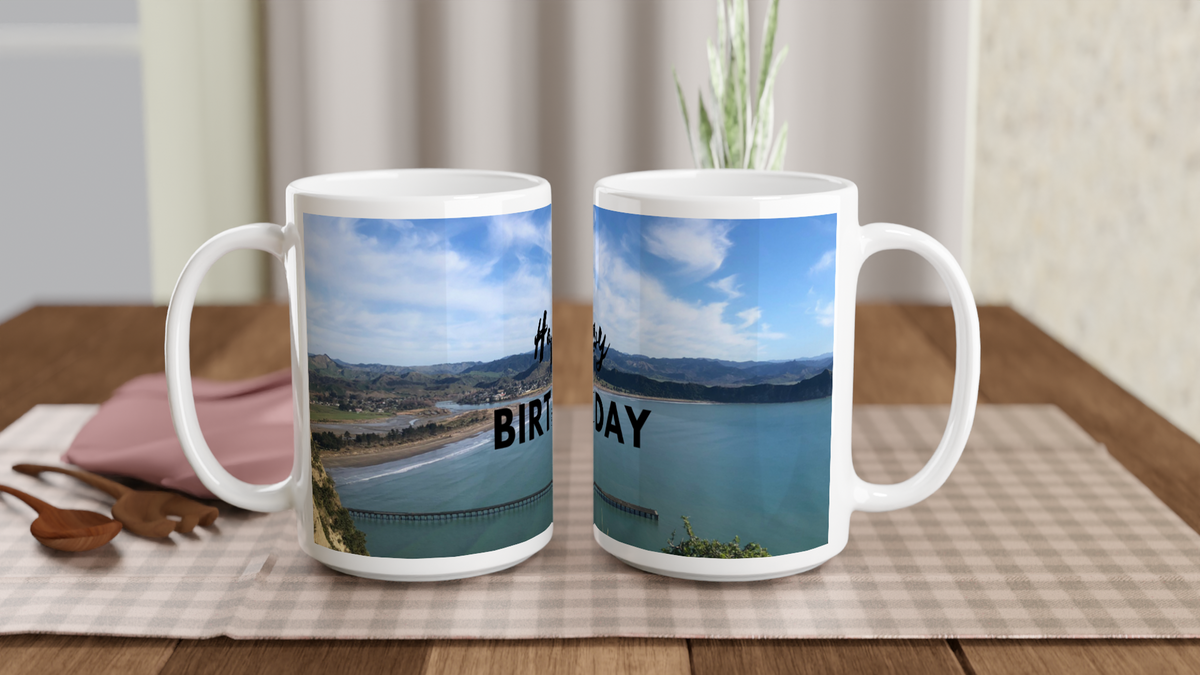 &quot;Happy Birthday - Uawa Wharf&quot; White 15oz Ceramic Mug